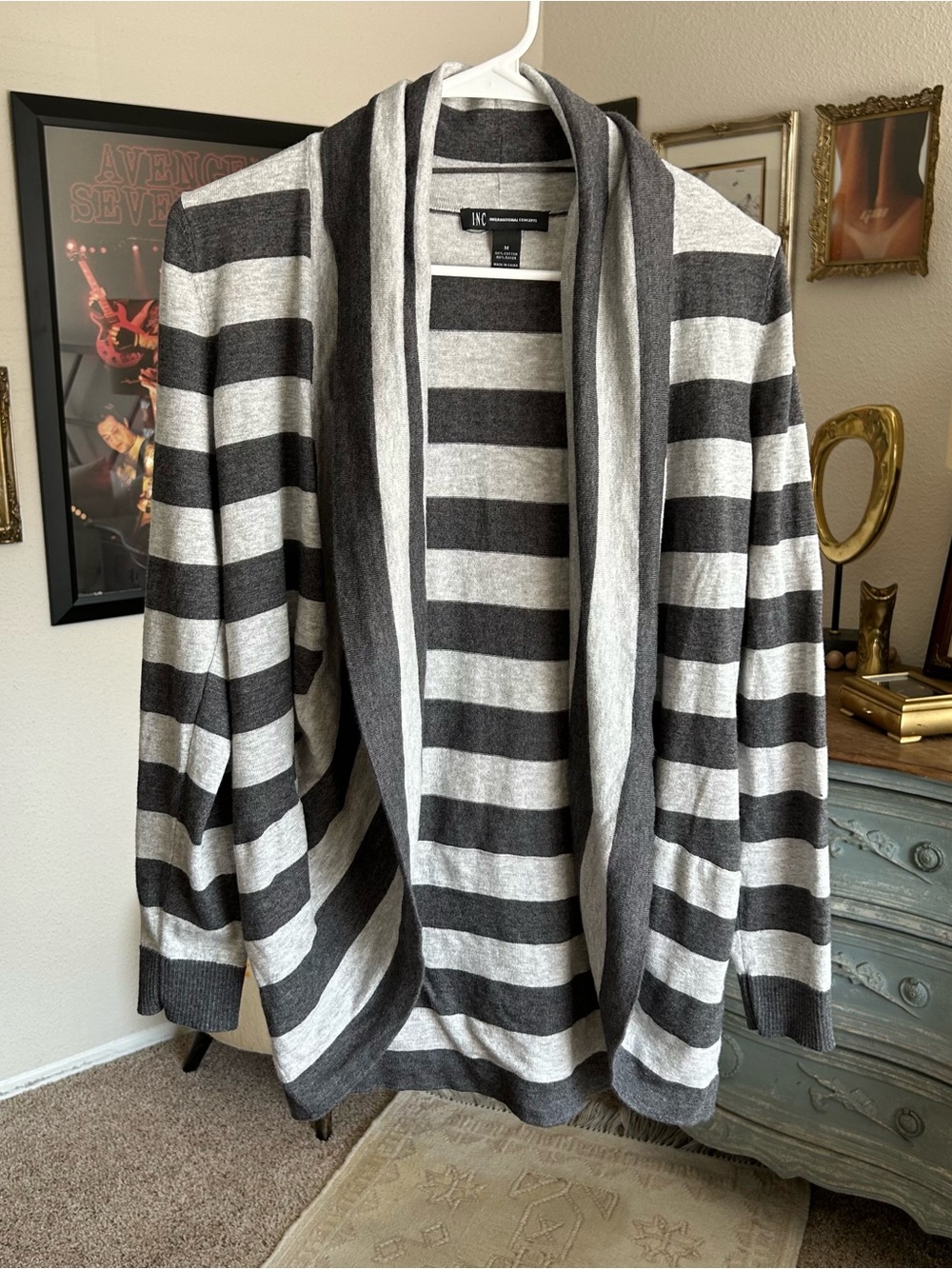 Vintage Y2K Preppy Open Front Cardigan M Shawl Collar Stripe Gray Minimalist